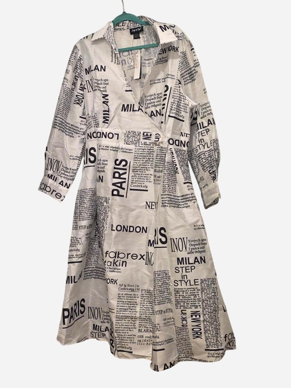 Newspaper Print Long Sleeve Midi Shirt Dress - White/Black